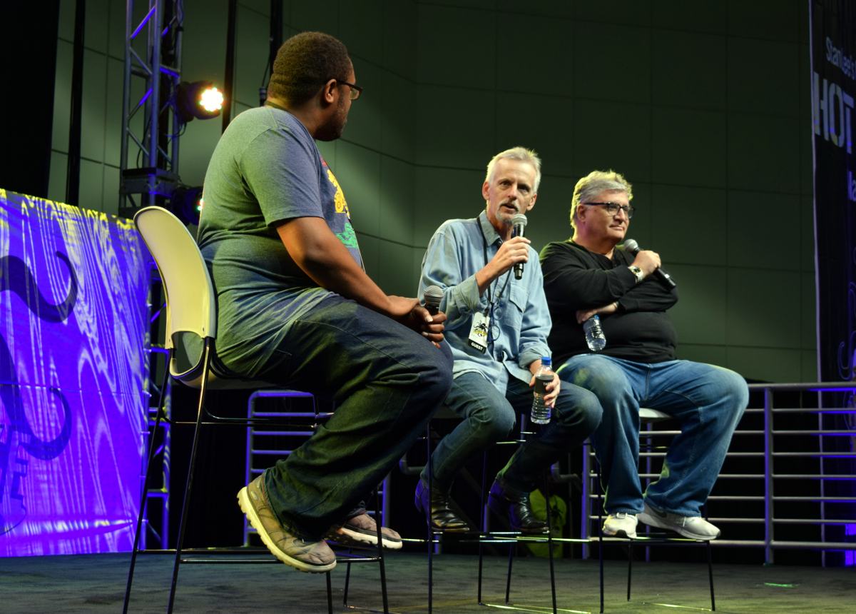 From Left to Right: Andre Meadows, Rob Paulsen, and Maurice LaMarche discuss taking over the world.