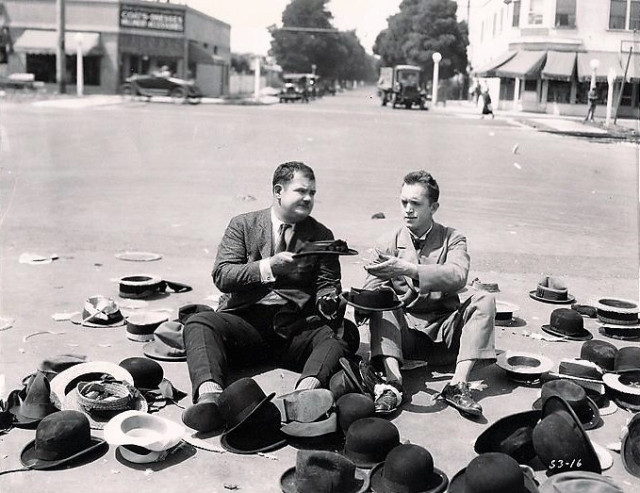 Film still from the lost Laurel and Hardy film Hats Off
