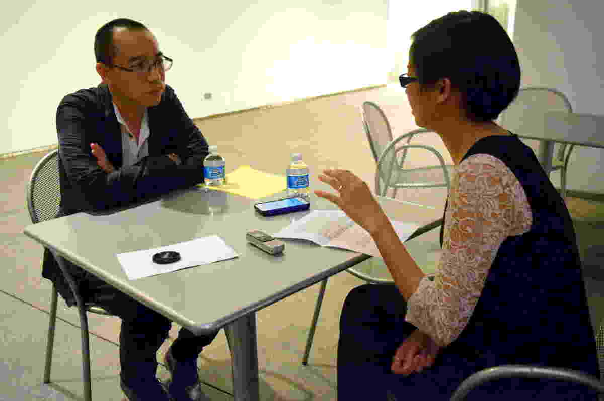 Apichatpong Weerasethakul speaks with Lily and Generoso Fierro at the UCLA Film and Television Archive